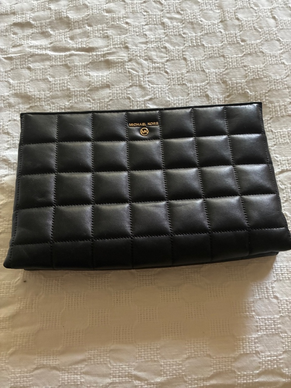 Michael Kors Black Quilted Leather Zip Pouch with Gold Logo